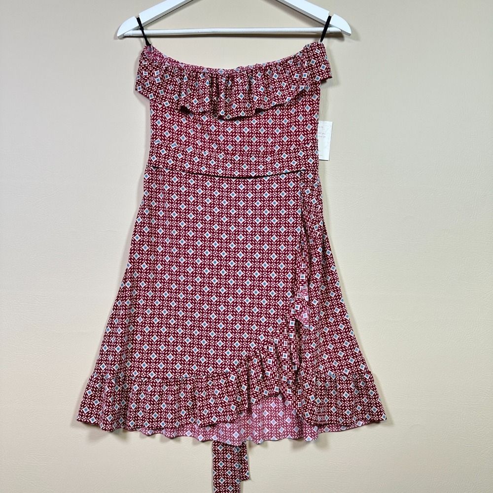 Ruffled Off Shoulder Red Geometric Print Dress, Size L